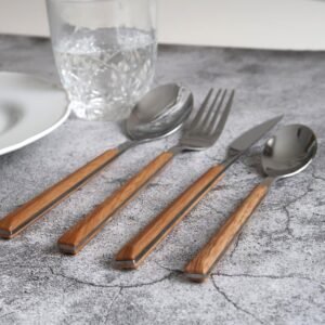 Cutlery Set Dining Flatware 16Pc Wood Grain Tableware Stainless Steel ABS Handle Kitchen Utensils Modern Elegant Durable Premium Design Best Quality - Image 3