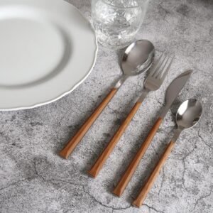 Cutlery Set Dining Flatware 16Pc Wood Grain Tableware Stainless Steel ABS Handle Kitchen Utensils Modern Elegant Durable Premium Design Best Quality - Image 4