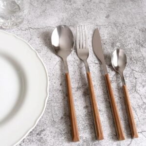 Cutlery Set Dining Flatware 16Pc Wood Grain Tableware Stainless Steel ABS Handle Kitchen Utensils Modern Elegant Durable Premium Design Best Quality - Image 5