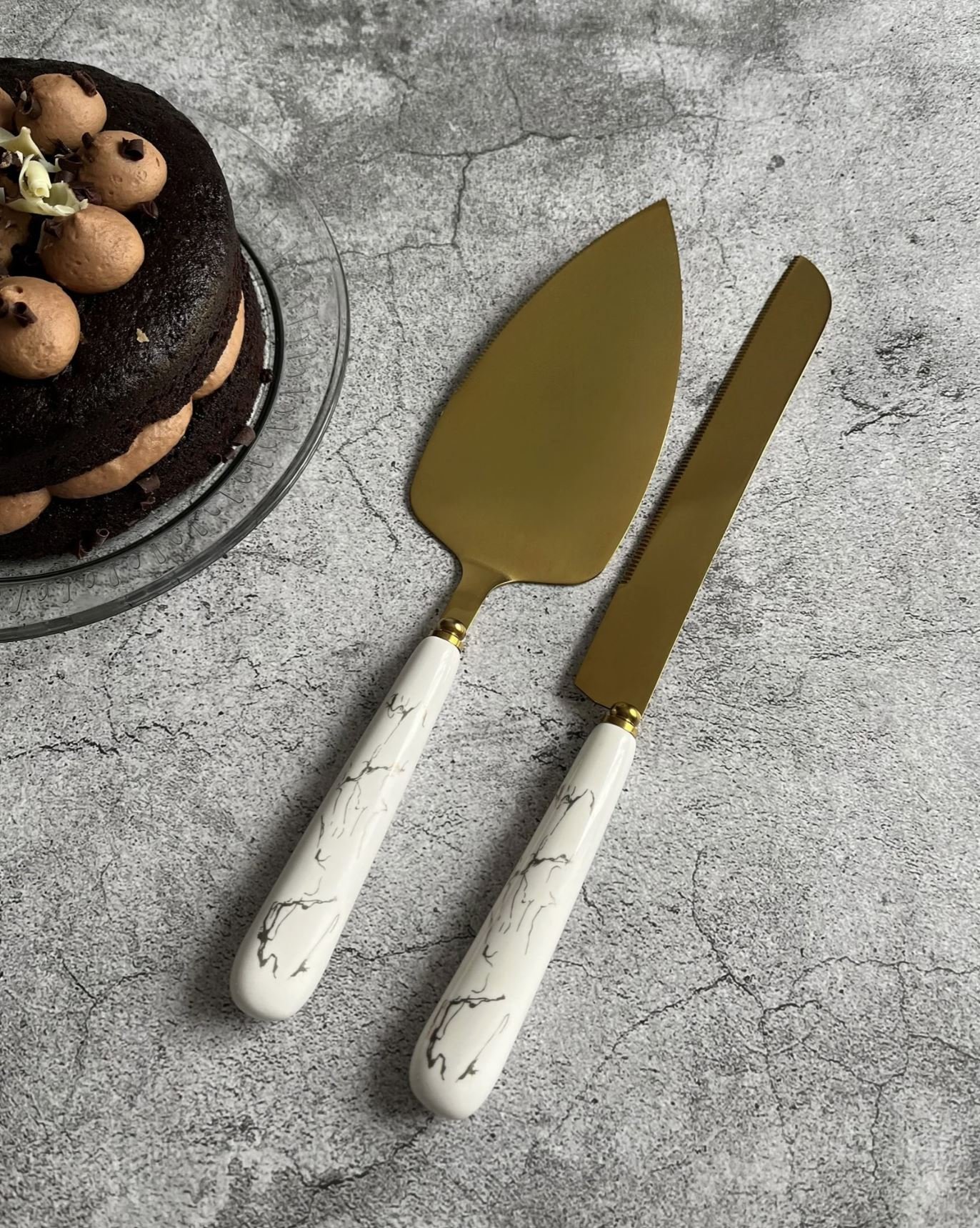 Gold Cake Server Set White Marble Ceramic Handle Knife & Server - Image 3
