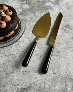 Cake Serving Set Gold Cake Server 2Pc Black Marble Ceramic Handle Wedding Birthday Babyshower Party Dessert Utensils