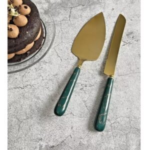 Cake Serving Set Gold Cake Server 2Pc Green Marble Ceramic Handle Wedding Birthday Babyshower Party Dessert Utensils