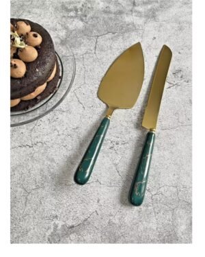 Cake Serving Set Gold Cake Server 2Pc Green Marble Ceramic Handle Wedding Birthday Babyshower Party Dessert Utensils