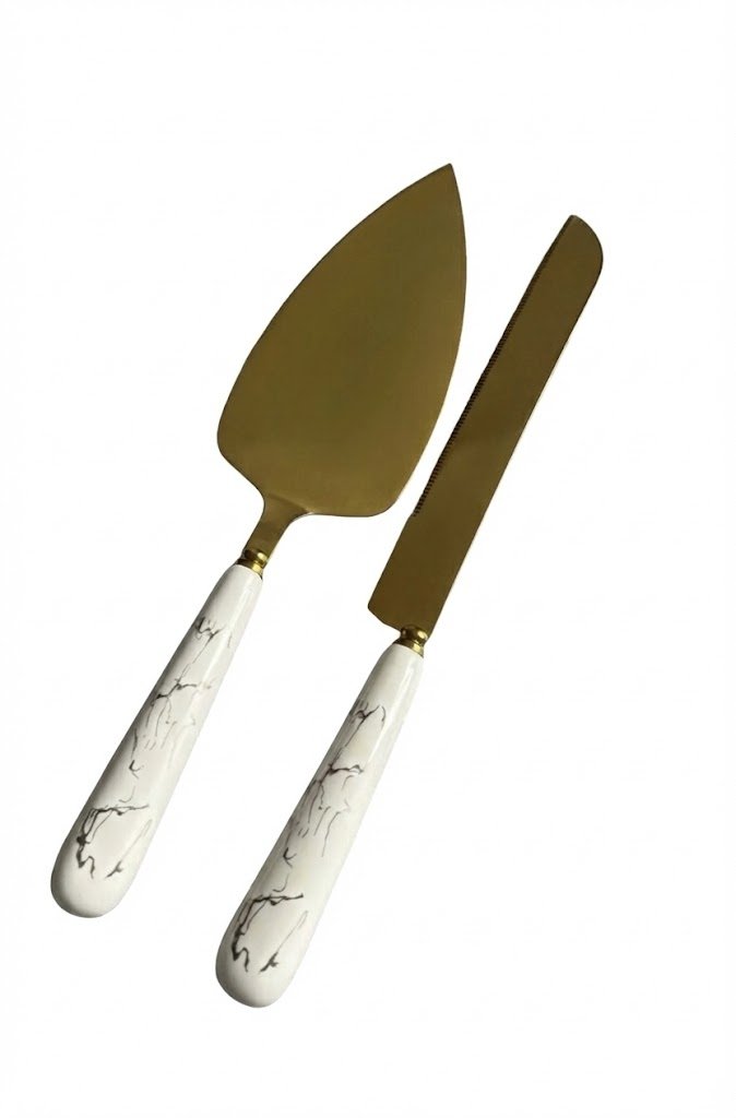 Gold Cake Server Set White Marble Ceramic Handle Knife & Server