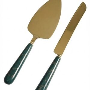 Gold Cake Server Set Green Marble Ceramic Handle Knife & Server