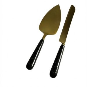 Gold Cake Server Set Black Marble Ceramic Handle Knife & Server