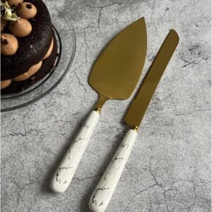 Cake Serving Set Gold Cake Server 2Pc White Marble Ceramic Handle Wedding Birthday Babyshower Party Dessert Utensils