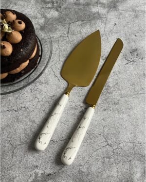 Cake Serving Set Gold Cake Server 2Pc White Marble Ceramic Handle Wedding Birthday Babyshower Party Dessert Utensils